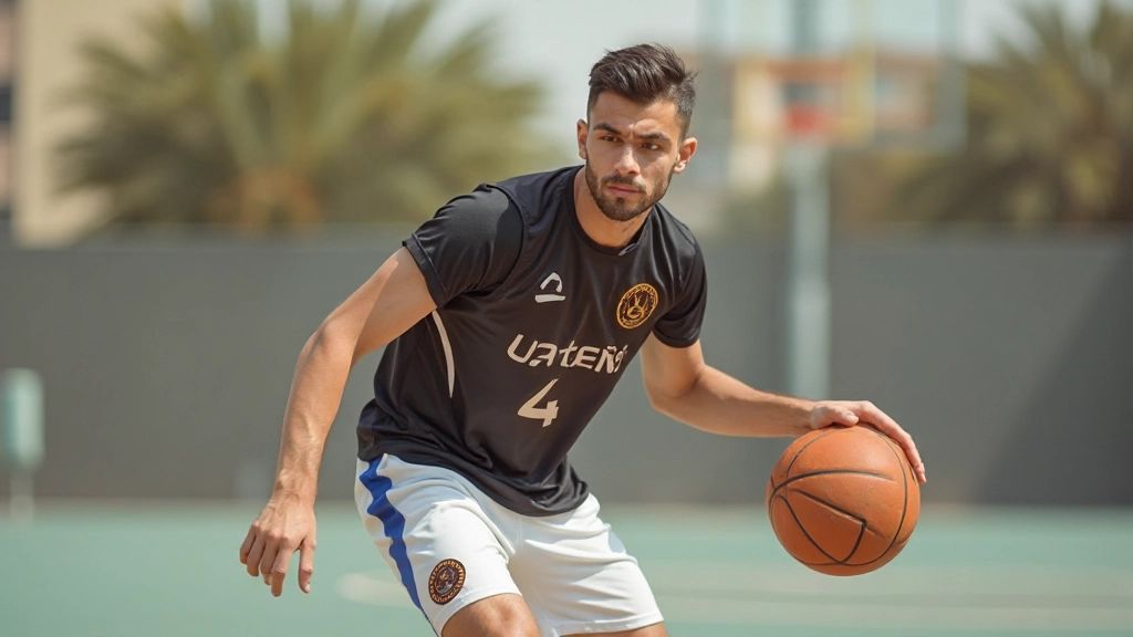 لاعب كرة سلة يمارس حركات المراوغة والتحكم بالكرة بمهارة عالية
