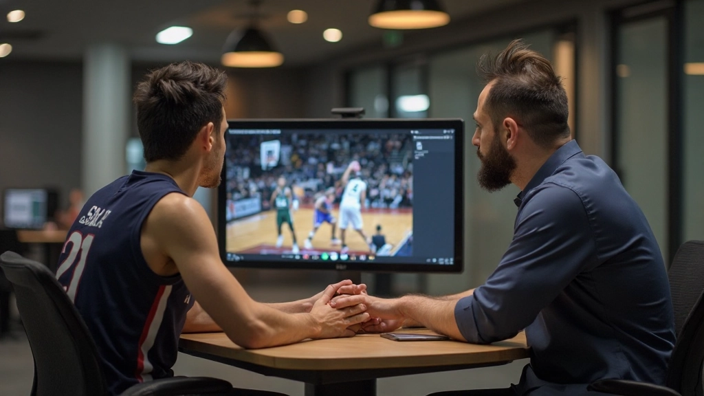 لاعب كرة سلة احترافي يقيم أداؤه مع مدرب متخصص باستخدام جهاز تحليل فيديو