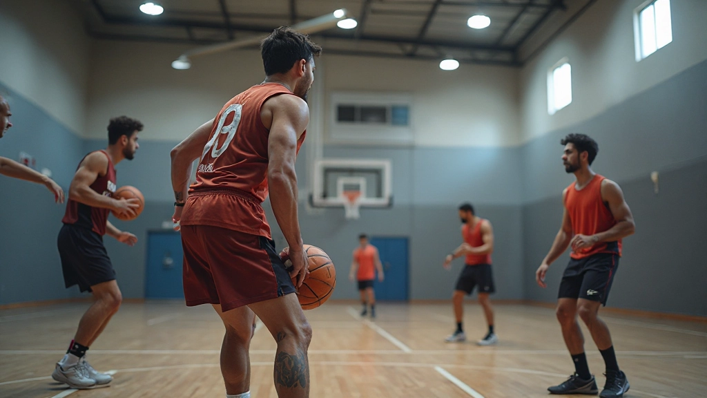 لاعبو كرة سلة يمارسون تمارين الدفاع الجماعي في الملعب