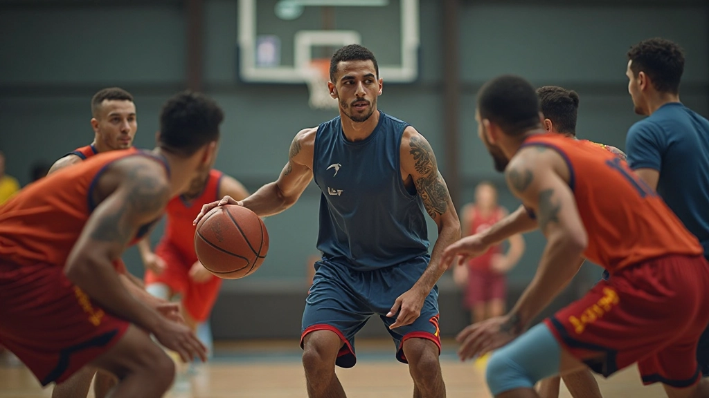 فريق كرة سلة متنوع يمارس تمارين دفاعية منظمة على الملعب تحت إشراف مدرب