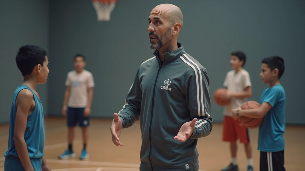 مدرب كرة سلة محترف يقود جلسة تدريبية مكثفة مع فريق شاب في ملعب داخلي حديث